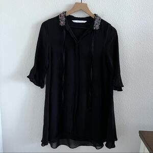 Zara Trafaluc Black Layered Semi Sheer Dress Beaded Collar Statement Sleeve US S